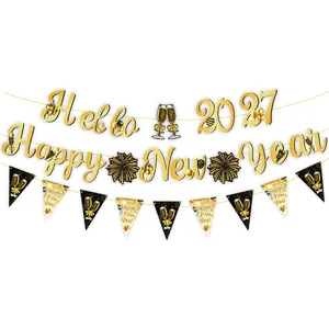 Black and gold Happy New Year 2027 banner set with festive party bunting decorations