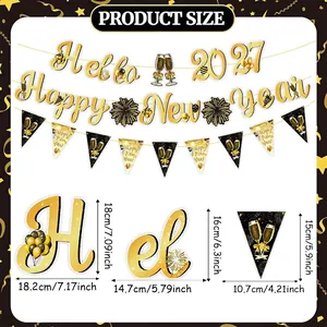 Size chart for 2027 New Year party banners showing banner dimensions in cm and inches