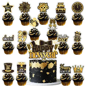 Detailed set of black and gold New Year cupcake toppers with star and crown designs