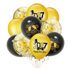 Black and gold 2027 Happy New Year balloon set with confetti and festive illustrations