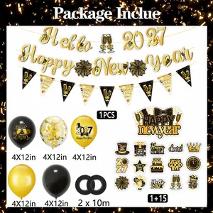 Black and gold 2027 Happy New Year party decoration set with banners and balloons