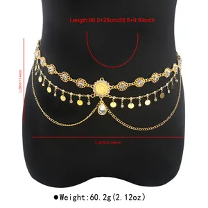 Detail of layered gold body chain with sunflower links and metallic sequin fringe