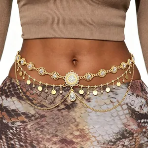 Bohemian gold layered belly chain with sun flower pattern and pearl tassel pendants