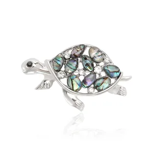 Vintage Silver Sea Turtle Brooch With Abalone Shell And Rhinestones Fashion Animal Lapel Pin For Suit Men Women Jewelry Gift