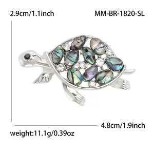 Silver turtle brooch with colorful shell inlay and crystals for suits, 4.8cm x 2.9cm size