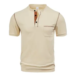 Beige men's short sleeve Henley shirt with breathable twill fabric and three buttons