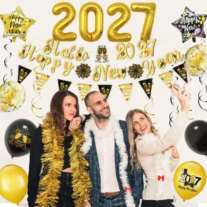 2027 New Year party decoration set with gold balloons, banners and photo props