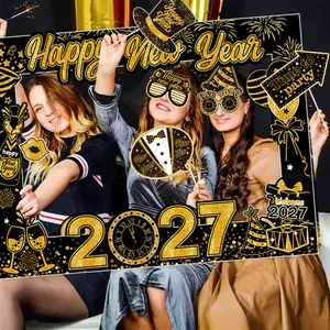 2027 Happy New Year black and gold photo booth props set for party celebrations