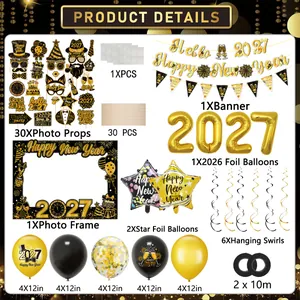 2027 New Year party decor set with black gold balloons, banners, and photo props