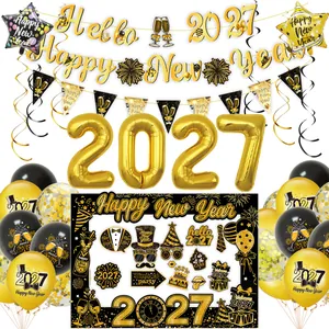 2027 Happy New Year Party Decorations Latex Aluminum Foil Balloons Banner Photo Props Frame Black Gold Festive Backdrop Decor