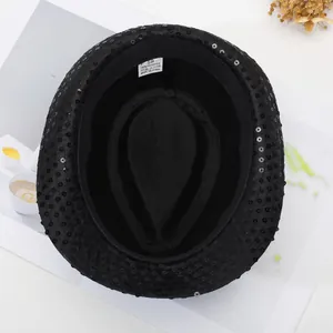 Black sequined jazz hat with shiny polyester finish for stage magic performances