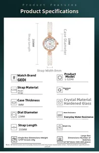 Detaillierte Spezifikationen der roségoldenen Quarzuhr mit Perlenarmband und 22mm Gehäuse