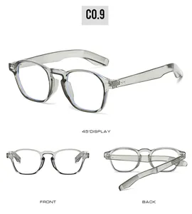 Three-angle views of vintage round sunglasses in transparent grey frame and lenses
