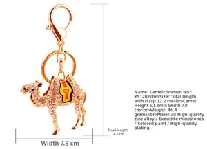 Detailed view of camel keychain size and materials with gold plating and rhinestones