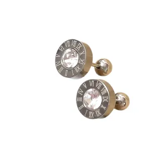Minimalist stainless steel stud earrings with roman numerals and clear cubic zirconia