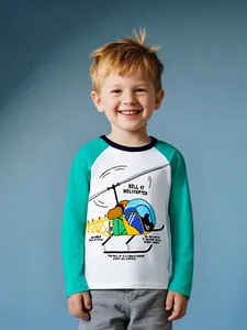 Boys European Style Long Sleeve T-Shirt Cotton Cartoon Helicopter Print Raglan Sleeve Color Block Autumn Casual Top