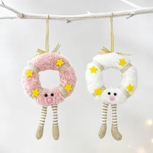 Plush Christmas wreath dolls with long legs and gold stars for holiday decoration