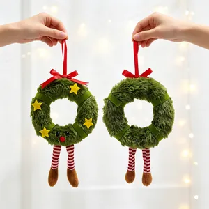 Christmas plush wreath pendants with cute long legs and red bows for tree decoration