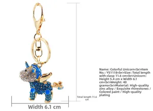 Detailed size specifications of the blue enamel unicorn keychain with rhinestones