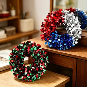 Independence Day And Christmas Tinsel Wreath Red White Blue Sparkling Sequin Star Hanging Ornament For USA Patriotic Holiday Party Door Wall Decor