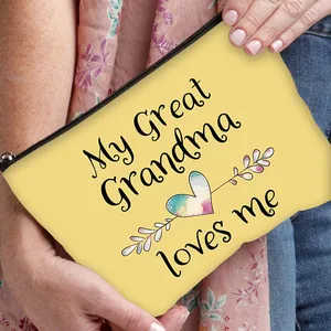 Yellow floral canvas makeup bag with My Great Grandma loves me print and zipper