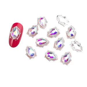 Teardrop aurora crystal nail charms with vintage silver metal base for nail art
