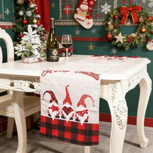 Chemin de Table Gnomes de Noël en Mélange de Lin et Coton Plaid Gnomes Nappe pour Décoration de Table de Maison de Noël