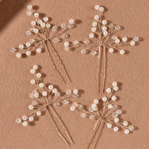 Lot de quatre épingles à cheveux de mariage avec perles blanches et cristaux dorés
