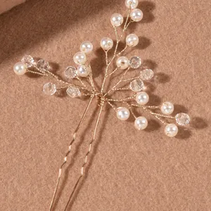 Épingle à cheveux de mariée avec perles et cristaux sur fil doré pour mariage élégant