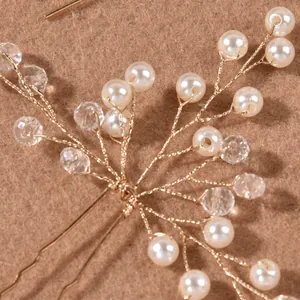 Épingle à cheveux de mariée avec perles blanches et cristaux sur fil doré floral