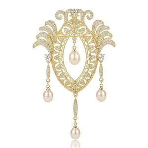 Broche Luxueuse Style Cour Vintage en Cuivre Plaqué Or avec Zircon et Künstliche Perle Goutte à Gland pour Femme Mariage Banquet Bijoux