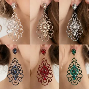 Close-up of chandelier earrings in six colors with rhinestones and hollow design