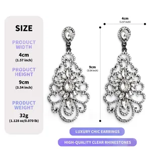 Luxury oversized hollow rhinestone drop earrings for brides with size and weight info