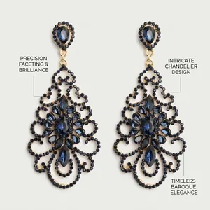 Detail of baroque chandelier earrings with deep blue crystals and gold-tone hollow carving