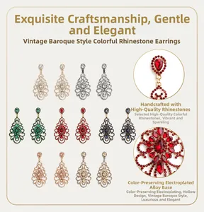 Macro view of Baroque style hollow alloy earrings with colorful rhinestones details
