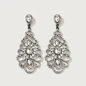 Elegant silver chandelier earrings with hollow design and sparkling rhinestones for women