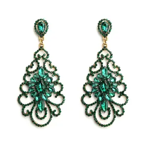 Luxurious emerald green drop earrings with gold hollow design and sparkling crystals