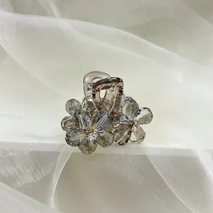 Elegant smokey grey crystal flower hair claw clip with rhinestones for women
