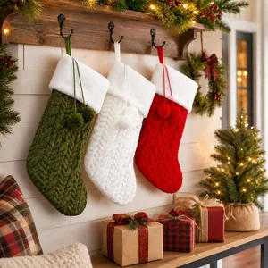 Dettaglio calze di Natale in maglia a trecce nei colori rosso, bianco e verde con pompon