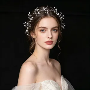 Handmade Artificial Pearl Bridal Hair Vine Silver Wire Flower Wedding Headpiece For Women Bridesmaid Party Hair Accessories