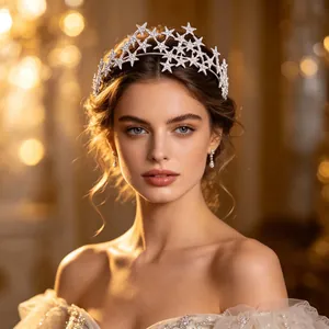 Elegant Star Pentagram Bridal Crown Alloy Rhinestone Wedding Hair Accessory Party Birthday Tiaras For Women Headwear