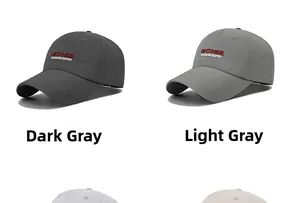 Detail of laser-cut breathable holes and embroidered logo on grey summer baseball caps