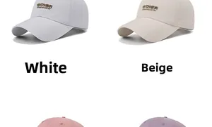 Close-up of quick-dry baseball caps in white, beige, pink and purple with embroidery