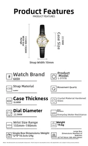 Detailed specs of GEDI minimalist quartz watch showing a 22.9mm gold case and leather strap
