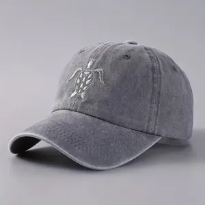 Vintage washed cotton baseball cap featuring high quality turtle embroidery
