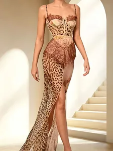 Detail showing corset-style leopard print dress with lace trim and high side slit