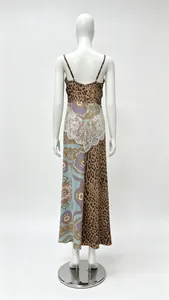 Detail view of lace appliqué and leopard print splicing on the back of the dress