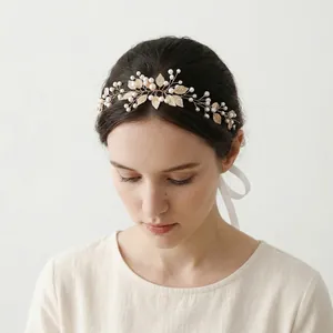 Fascia per Capelli da Sposa Fatta a Mano con Foglie d'Oro e Künstliche Perle Sintetiche Elegante Stile Foresta Accessori per Capelli Donna Nastro di Raso