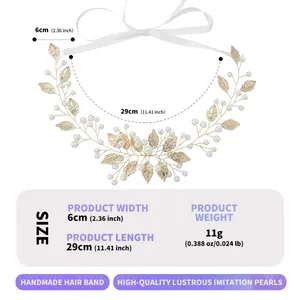 Cerchietto sposa fatto a mano con foglie dorate, perle e misure di 29x6 cm