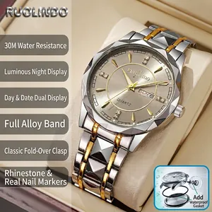 Luxury Men Fashion Quartz Watch Waterproof Luminous Double Calendar Rhinestone Dial Alloy Steel Strap Business Wristwatch